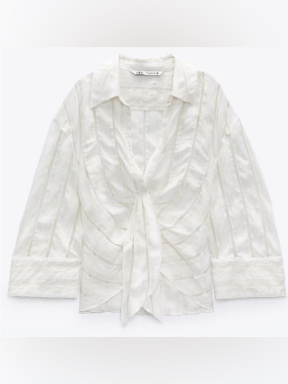 Zara White Tie-Front Textured Stripe Blouse - Women